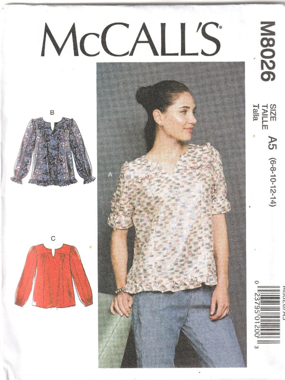 McCall's M8026 sewing pattern for top in sizes 6 8 10 12 14 from 2019